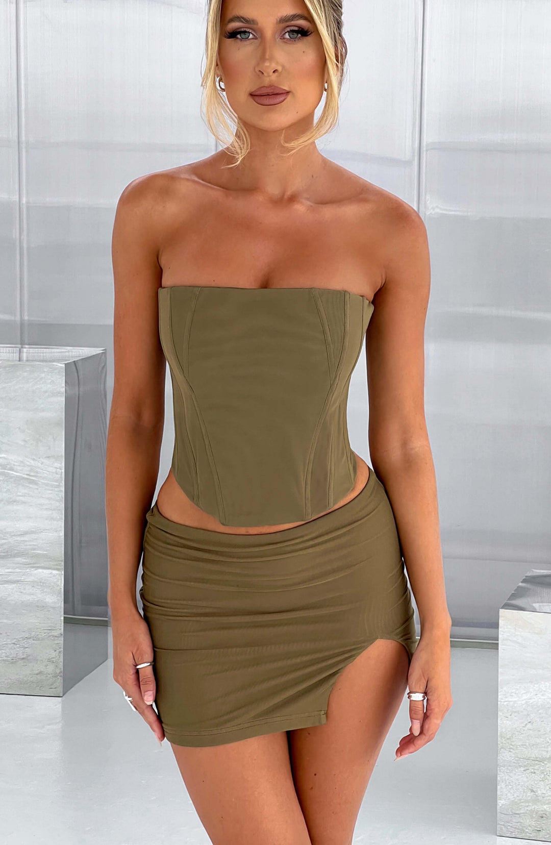 Aveloria Mini Skirt in Khaki by Clandour, product photo 14