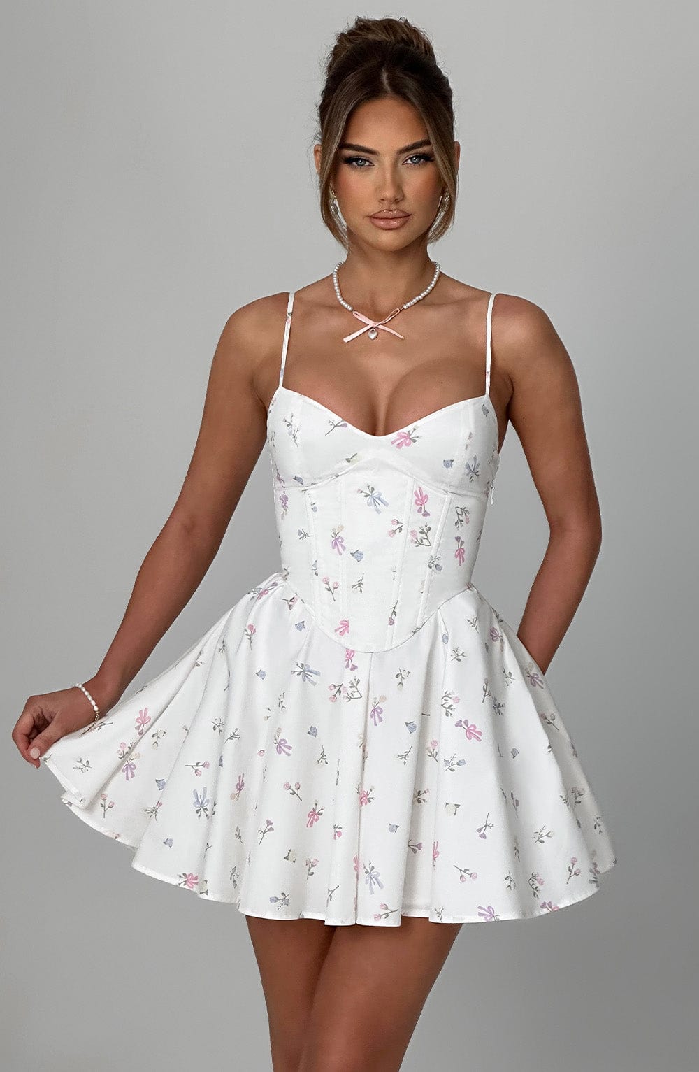 Briora Mini Dress in White Multi Floral Print by Clandour, product photo 2