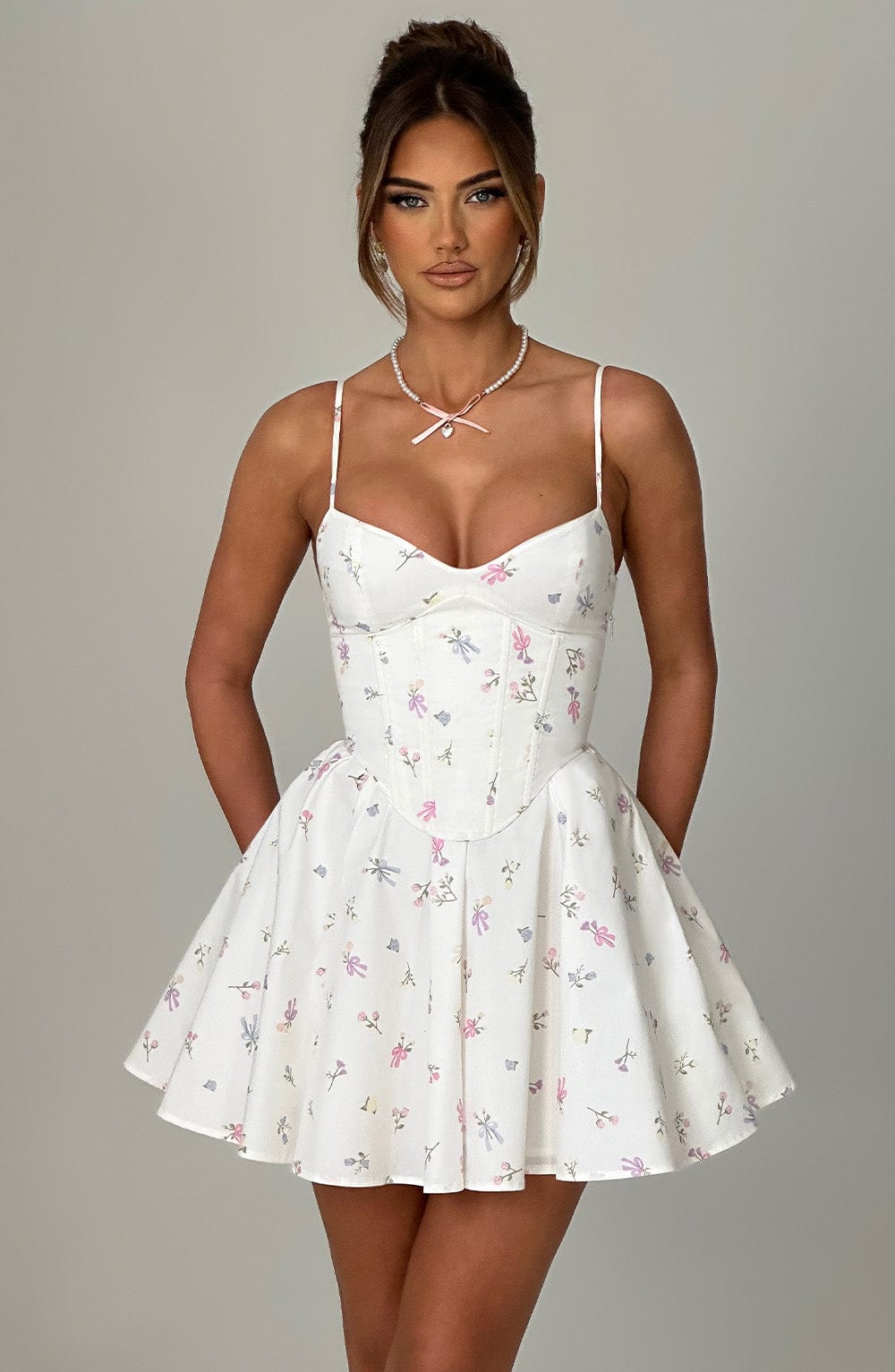 Briora Mini Dress in White Multi Floral Print by Clandour, product photo 4