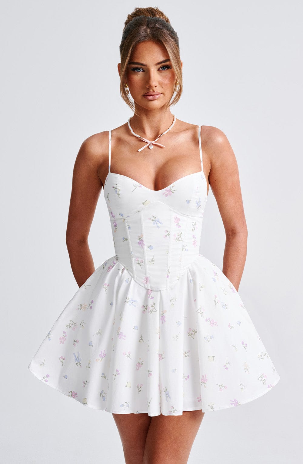 Briora Mini Dress in White Multi Floral Print by Clandour, product photo 8