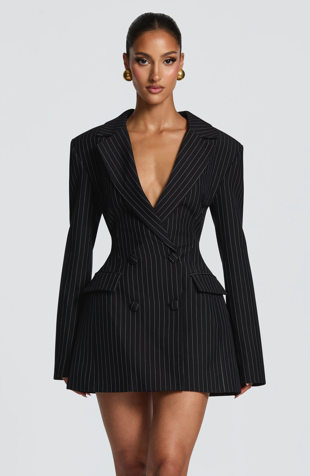 Gialina Mini Dress in Black Pinstripe by Clandour, product photo 1