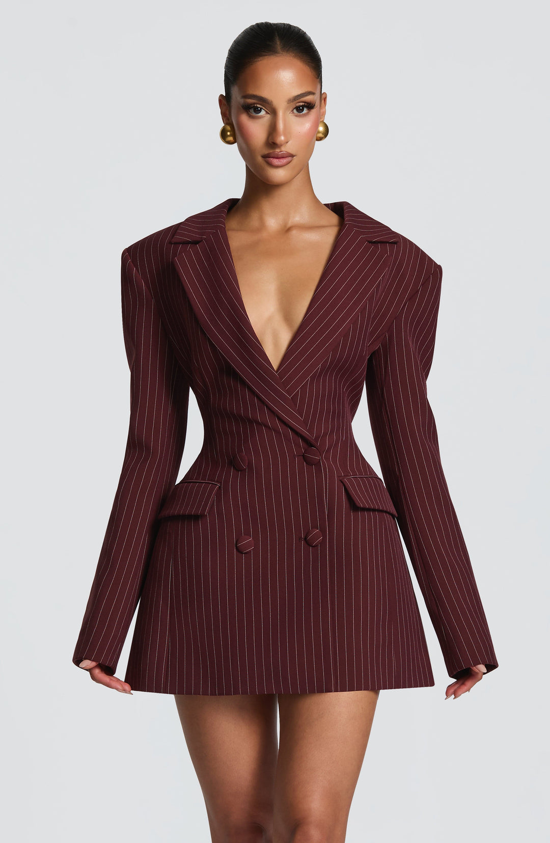 Gialina Mini Dress in Burgundy Pinstripe by Clandour, product photo 1