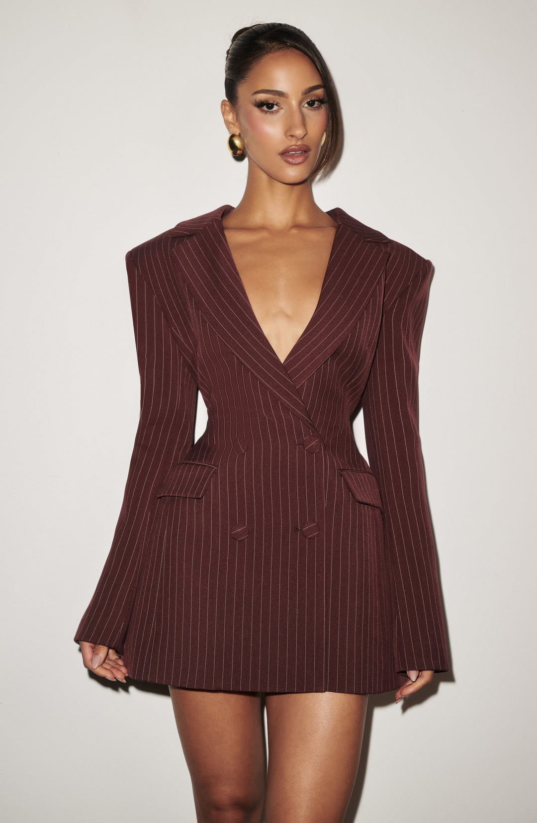 Gialina Mini Dress in Burgundy Pinstripe by Clandour, product photo 3