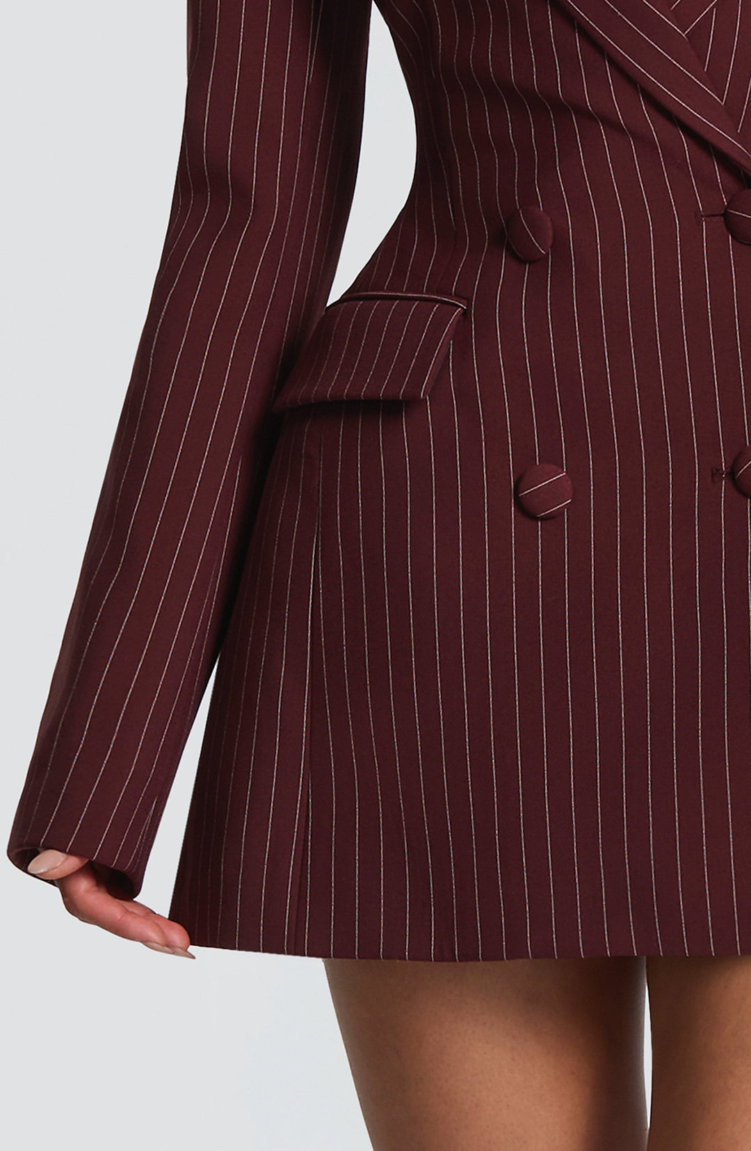 Gialina Mini Dress in Burgundy Pinstripe by Clandour, product photo 4