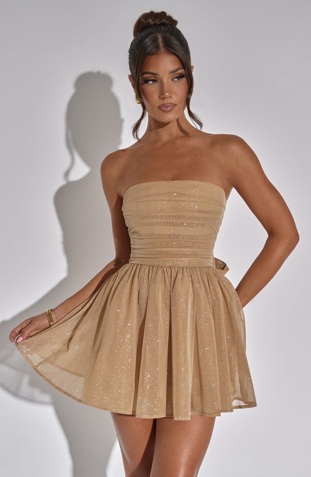 Lumaena Mini Dress in Gold Sparkle by Clandour, product photo 4