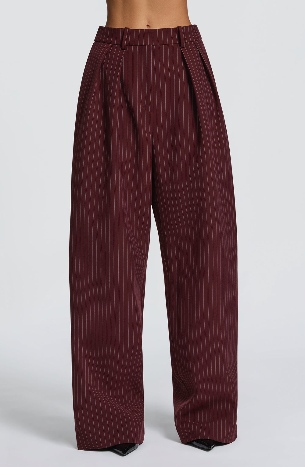 Lumanora Pants in Burgundy Pinstripe by Clandour, product photo 2