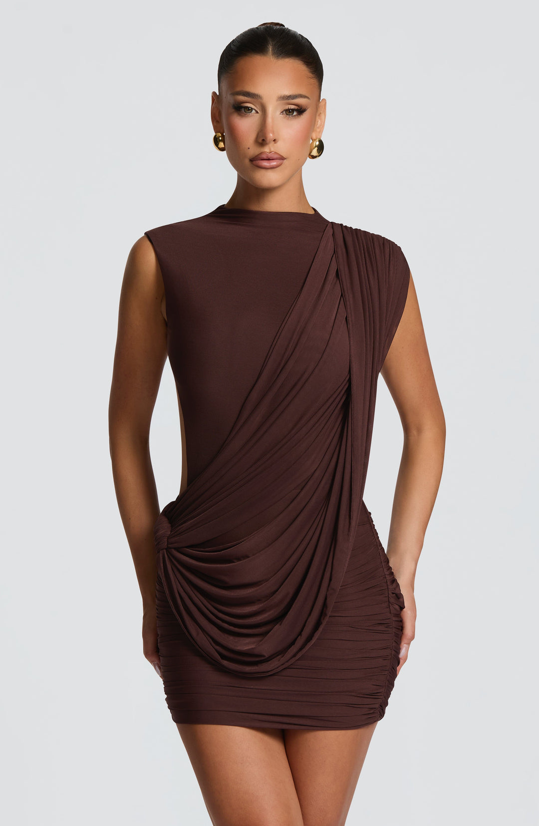 Orianora Mini Dress in Plum Brown by Clandour, product photo 1