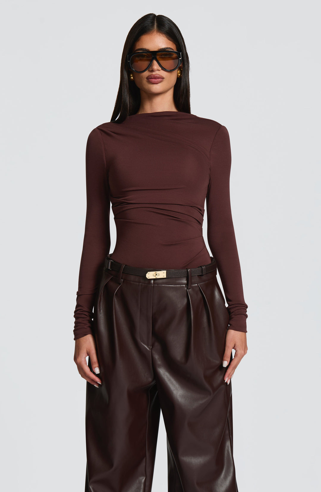 Rheamira Bodysuit in Plum Brown by Clandour, product photo 1