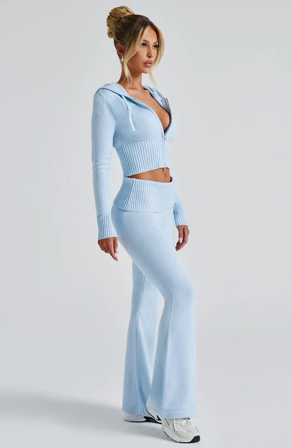 Clandour Seraette baby blue knit set — side view of matching cropped hoodie and flared pants