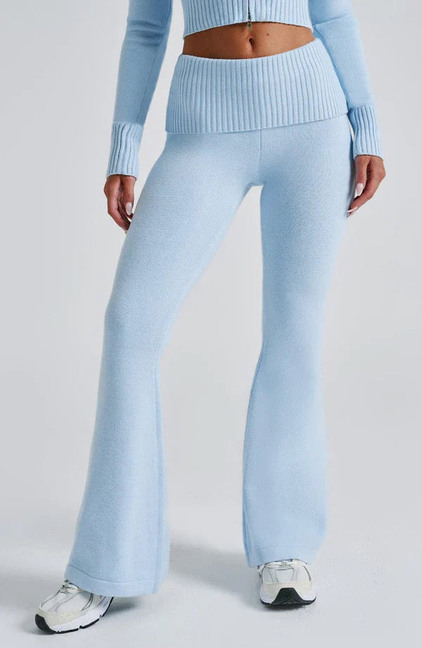 Clandour Seraette baby blue knit pants — close-up of fold-over ribbed waistband detail