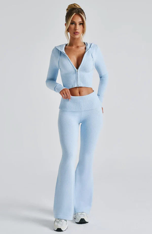 Clandour Seraette baby blue knit set — matching co-ord loungewear styled with trainers