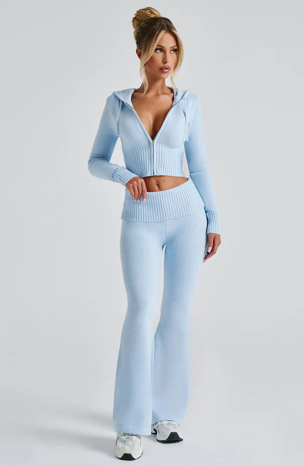 Clandour Seraette baby blue knit set — zip-up corset detail on cropped hoodie