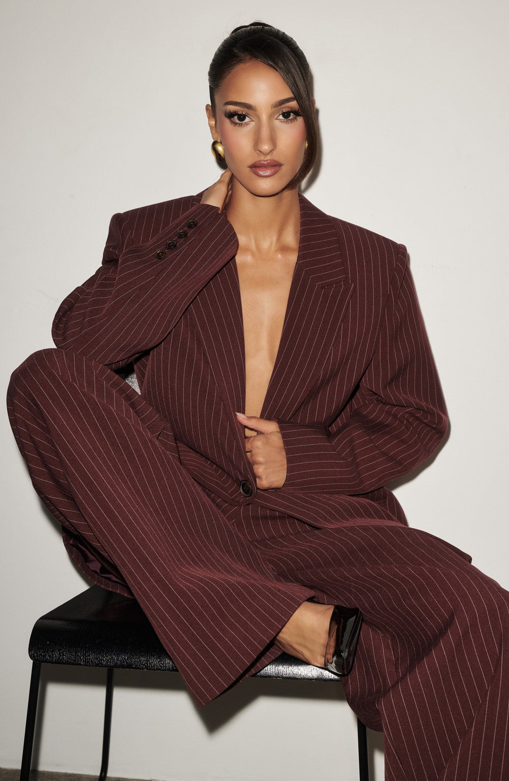Serara Blazer in Burgundy Pinstripe by Clandour, product photo 2