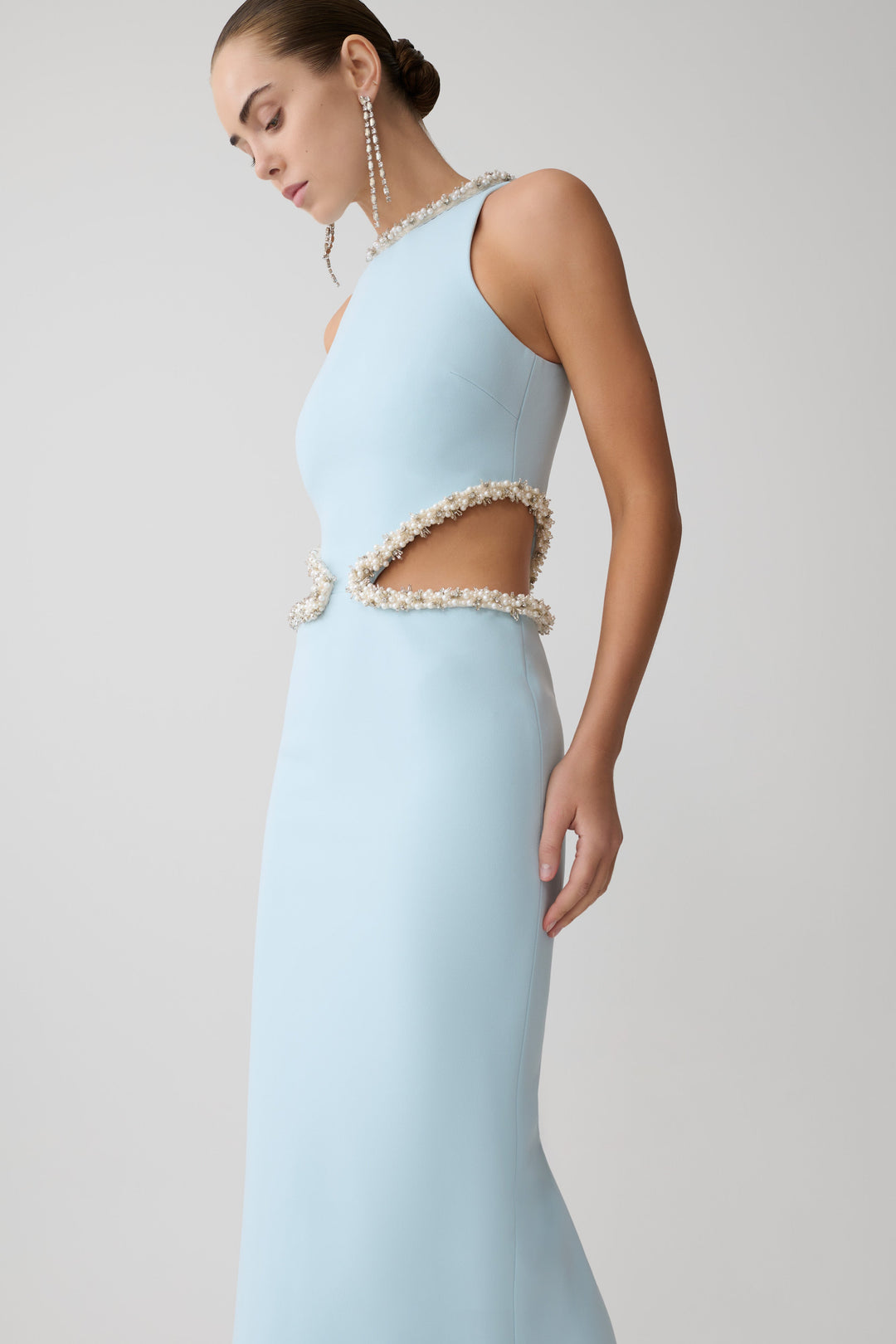 embellished cut out maxi dress rebecca_orourke looking like an absolute vision in blue Our Embellished Cut Out Maxi Dress in Pale Blue has just landed + she is EVERYTHING! Sleek, sculpting, + just the right amount